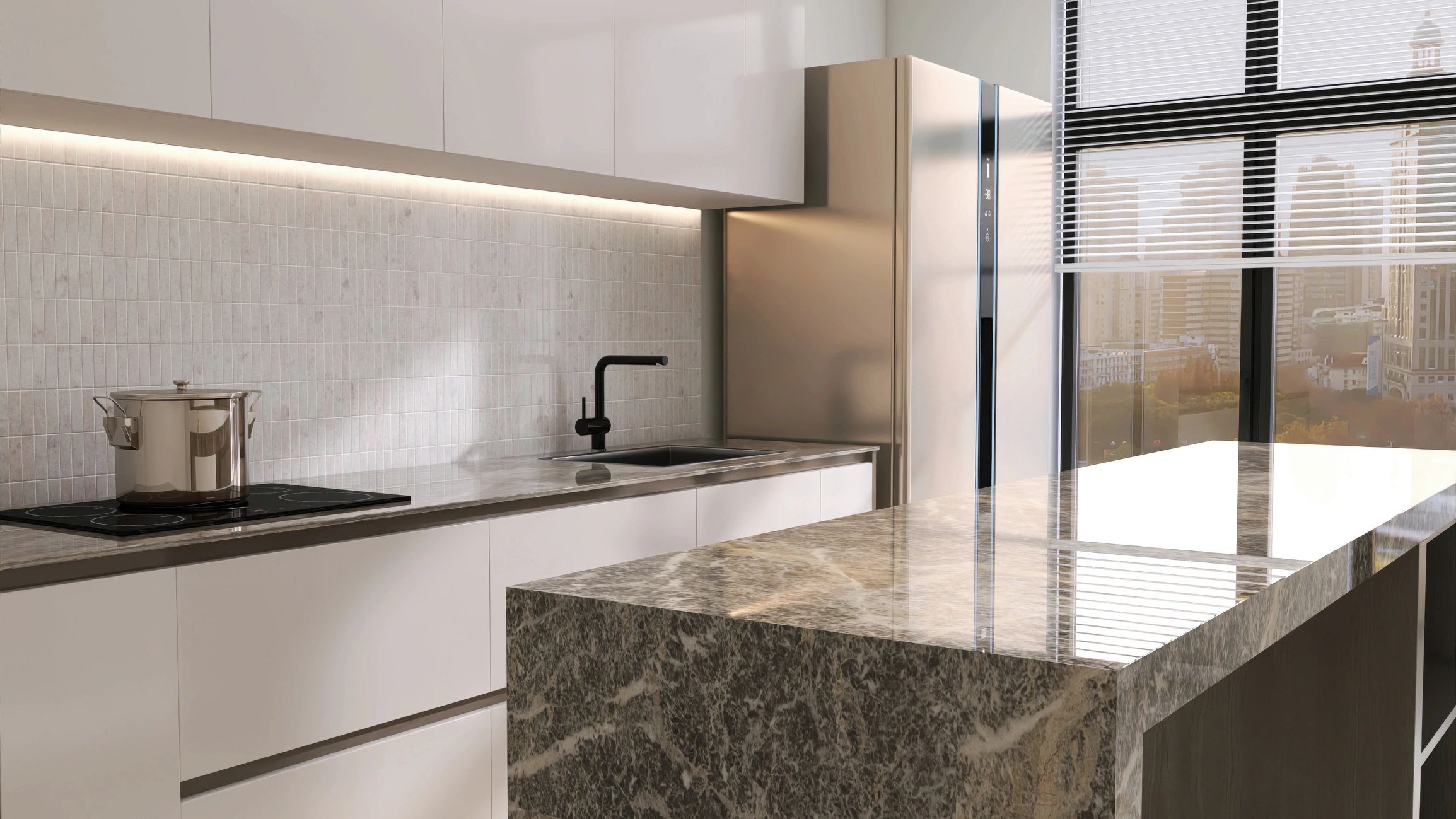 Kitchen with marble island and built-in white cabinets