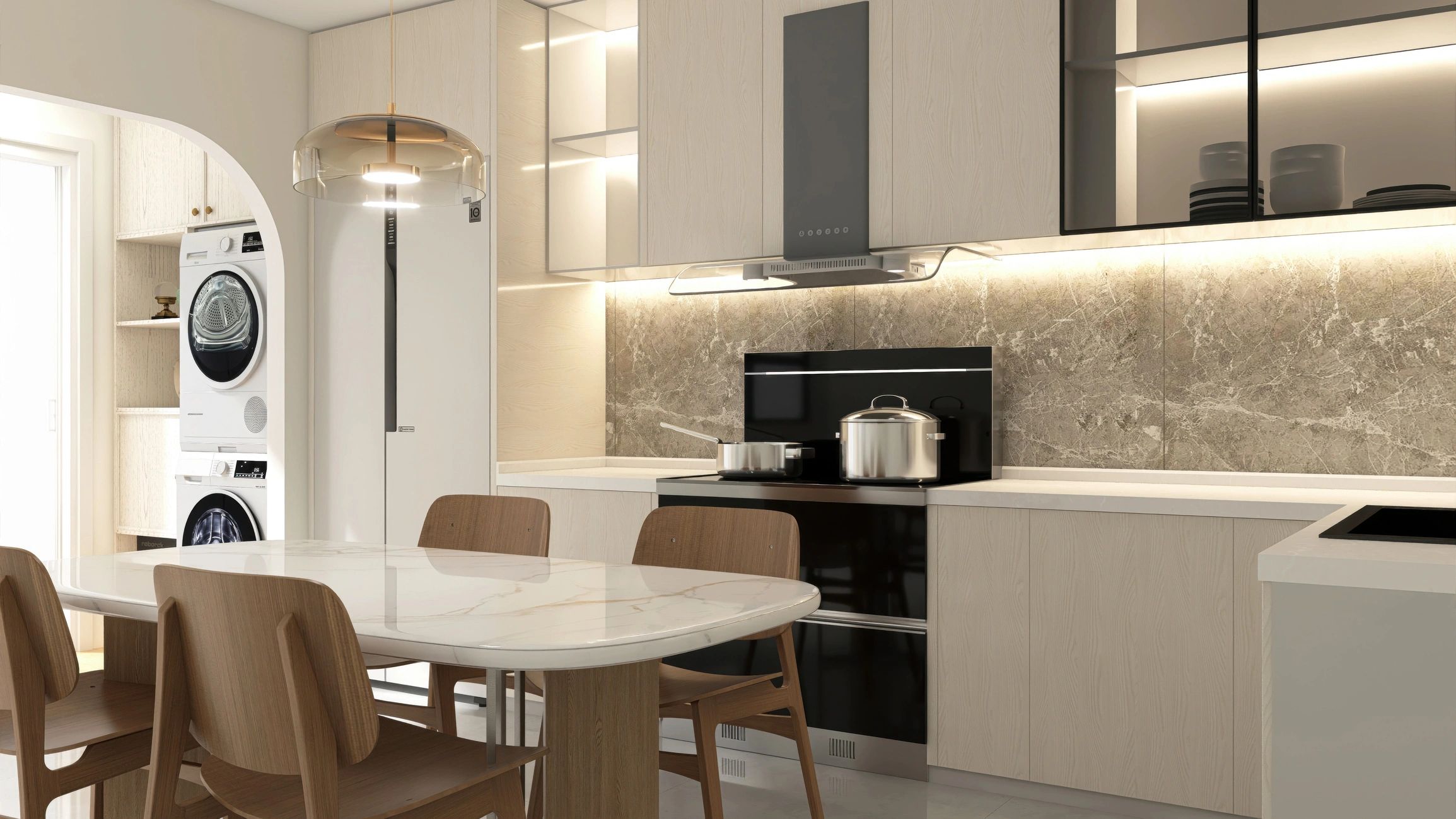 Bright modern kitchen with white cabinetry and island