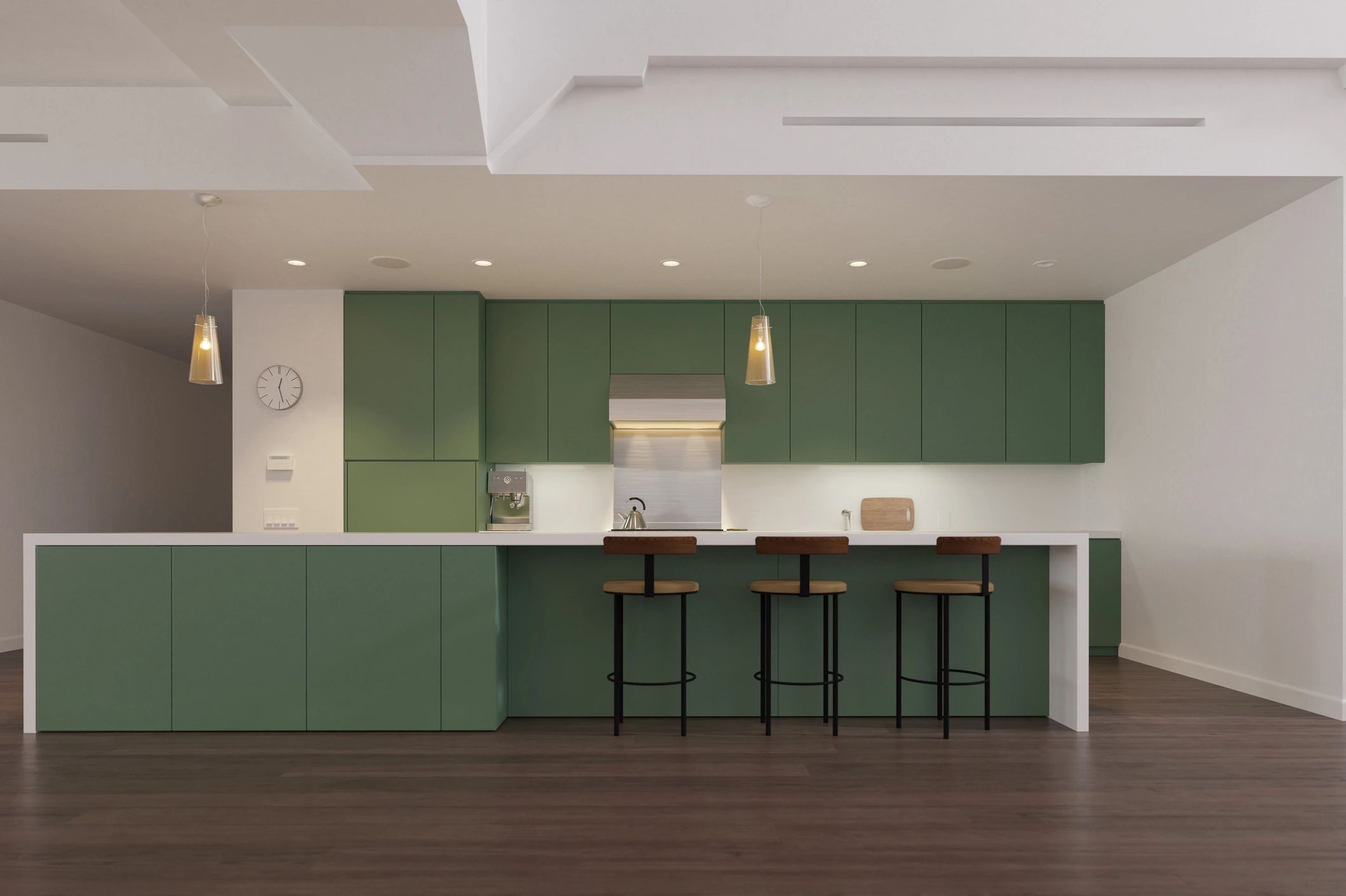 Modern kitchen with green cabinets and white island
